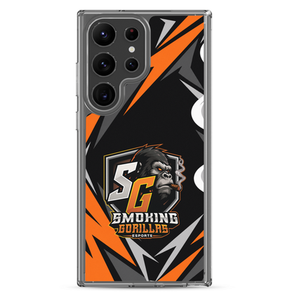 SMOKING GORILLAS Clearcase Handyhülle für Samsung Galaxy S23 Ultra – am Smartphone, schwarz-oranges Teamdesign