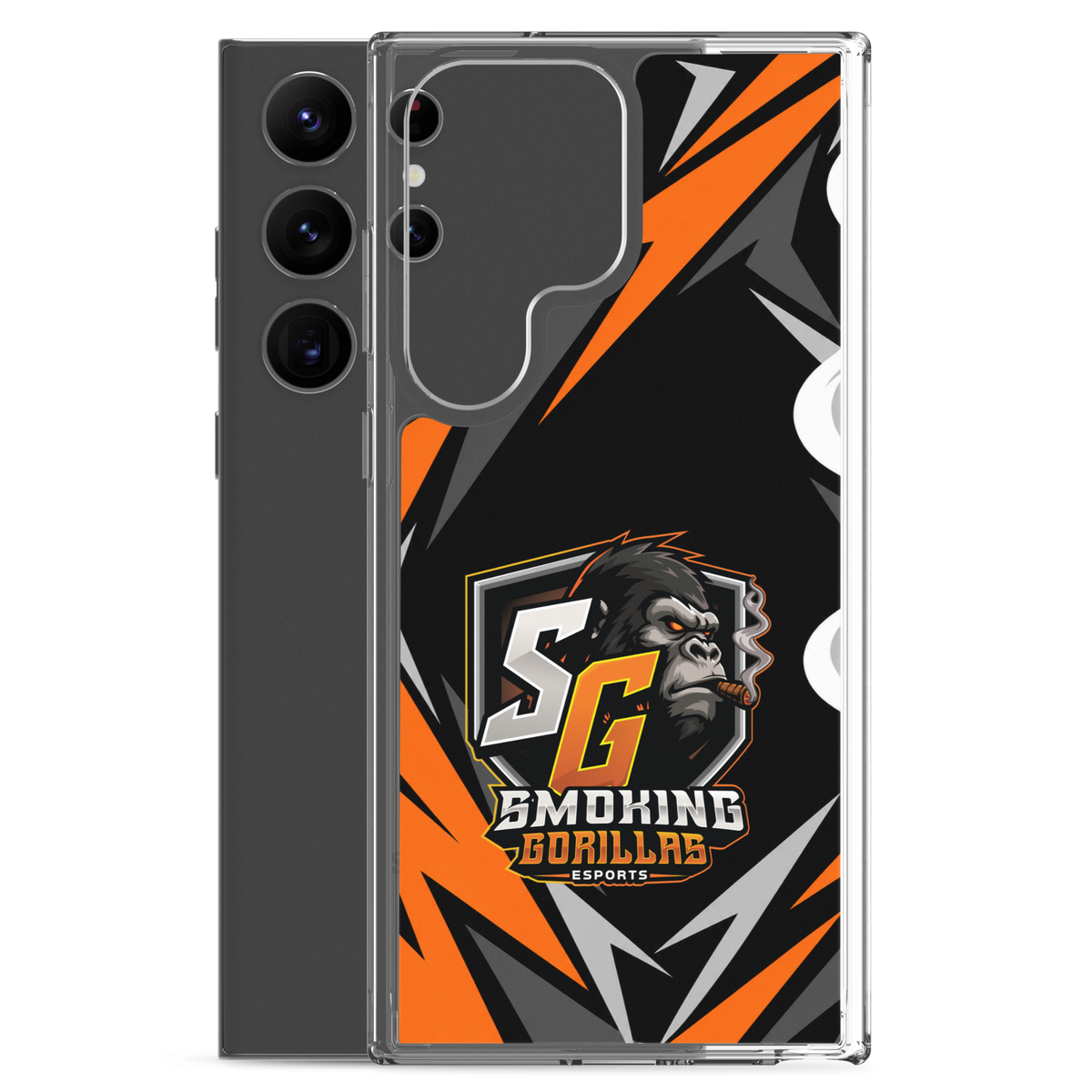 SMOKING GORILLAS Clearcase Handyhülle für Samsung Galaxy S23 Ultra – Produktansicht, schwarz-oranges Teamdesign