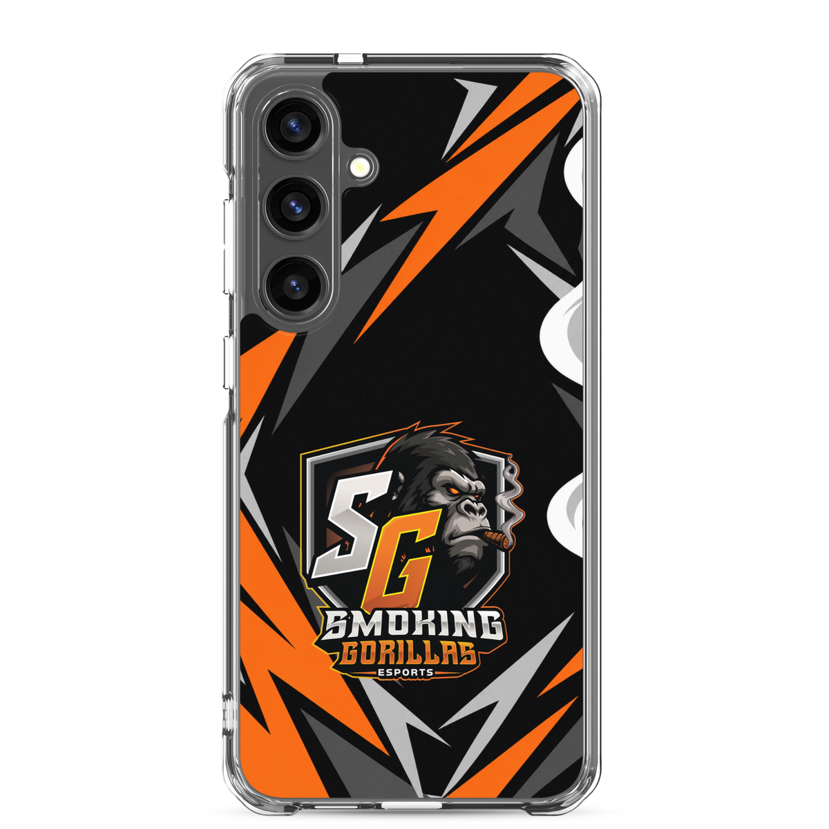 SMOKING GORILLAS Clearcase Handyhülle für Samsung Galaxy S24 Plus – am Smartphone, schwarz-oranges Teamdesign