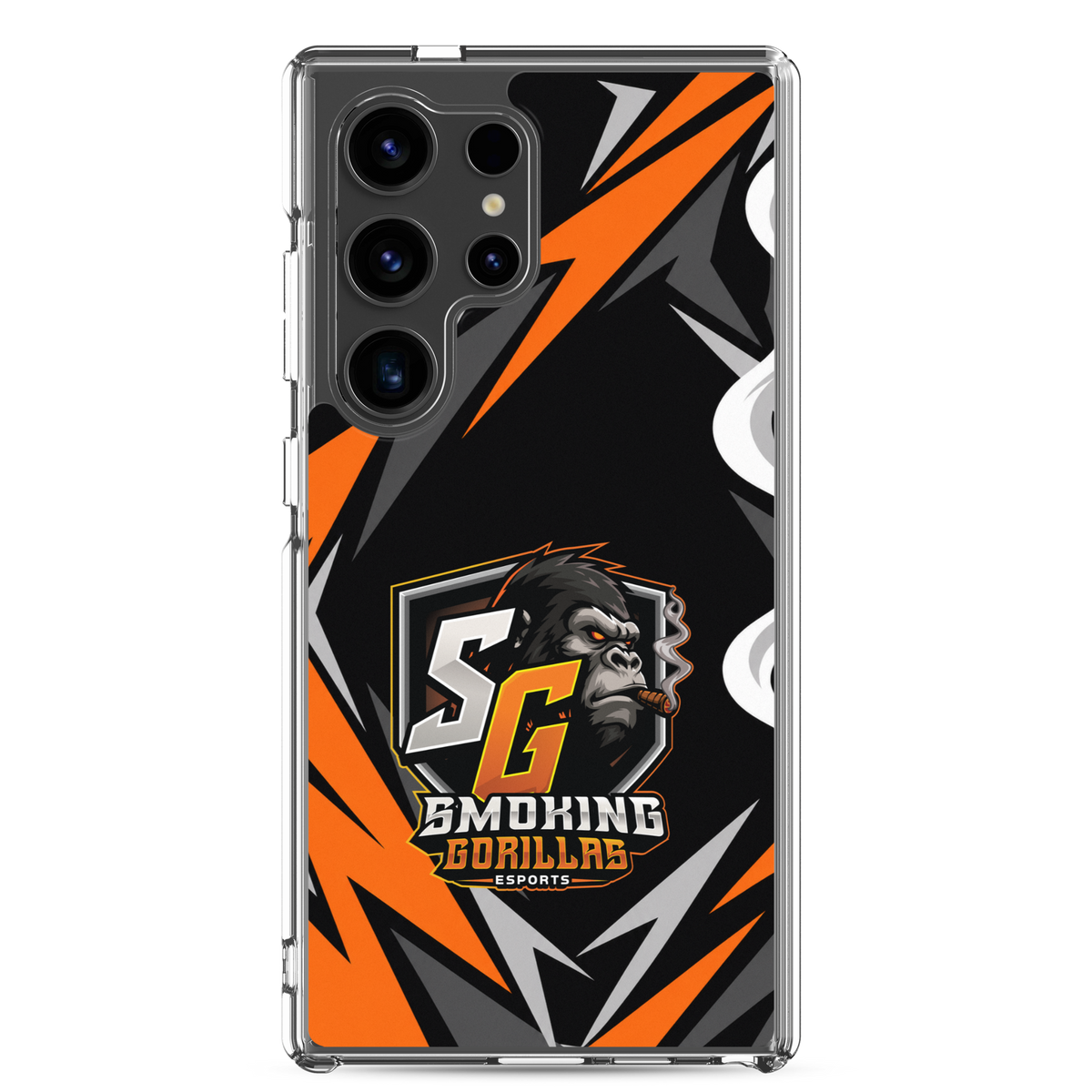 SMOKING GORILLAS Clearcase Handyhülle für Samsung Galaxy S24 Ultra – am Smartphone, schwarz-oranges Teamdesign