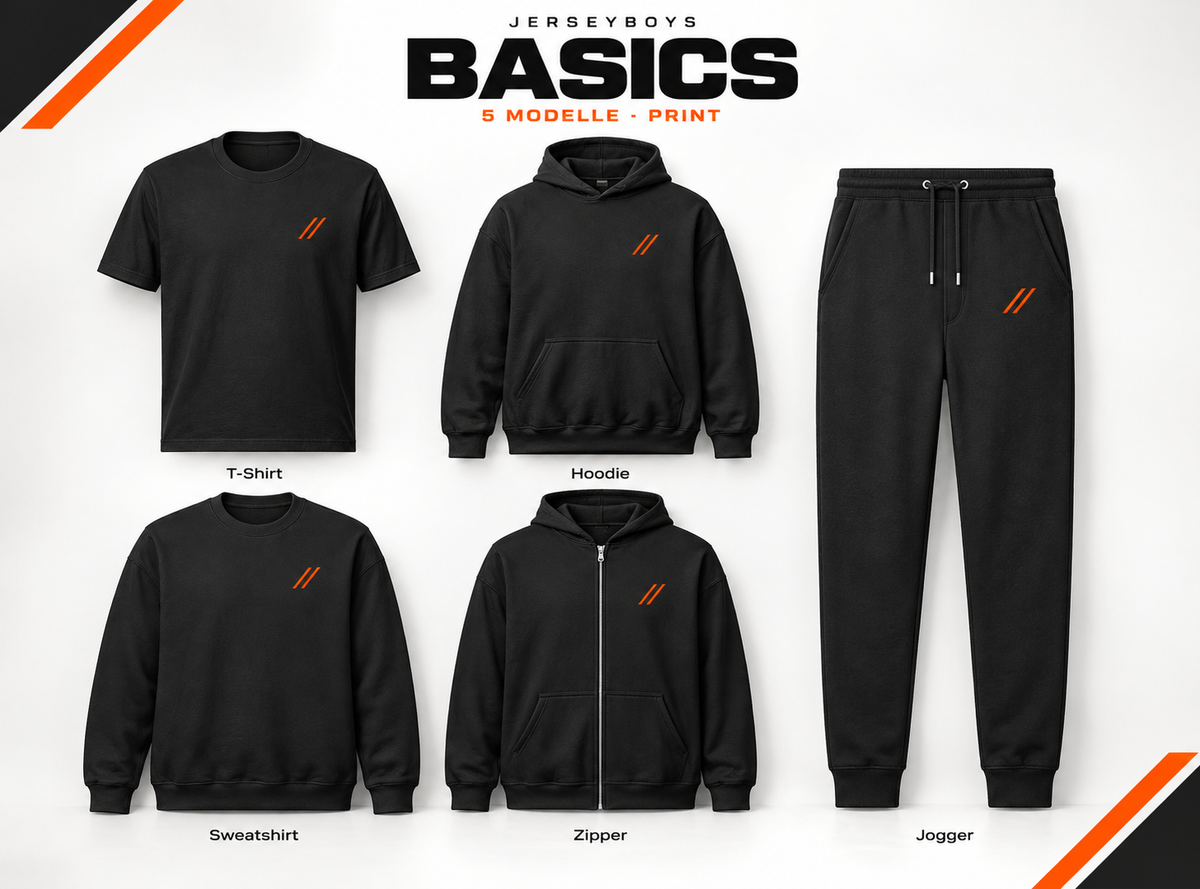BASICS – gestaltete Produktübersicht mit T-Shirt, Hoodie, Sweatshirt, Zipper und Jogger in Schwarz und Orange.