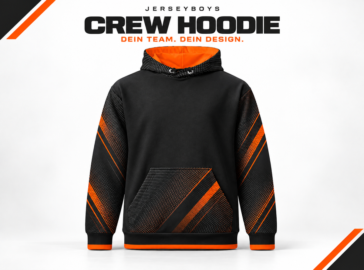 CREW HOODIE – gestaltetes JERSEYBOYS-Hauptmotiv in Schwarz und Orange.