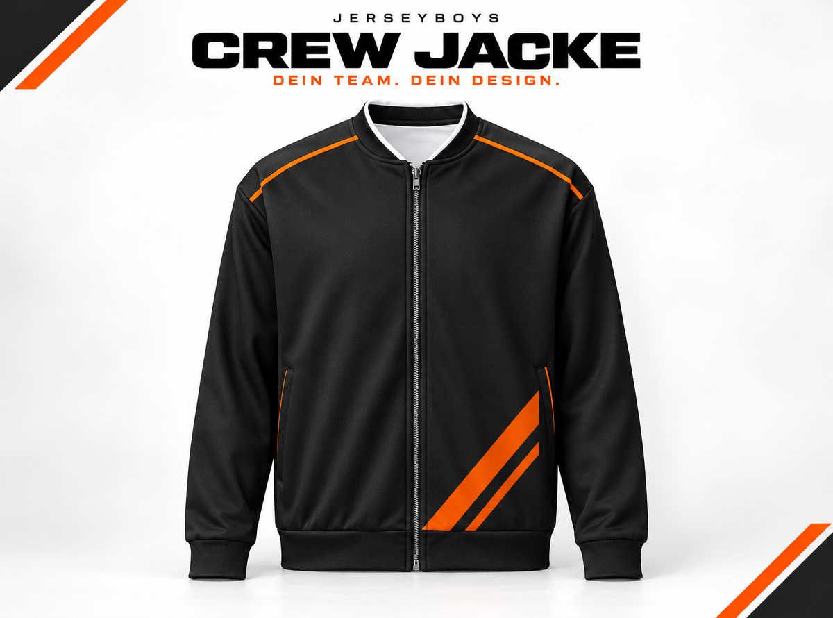 CREW JACKE – gestaltetes JERSEYBOYS-Hauptmotiv in Schwarz und Orange.