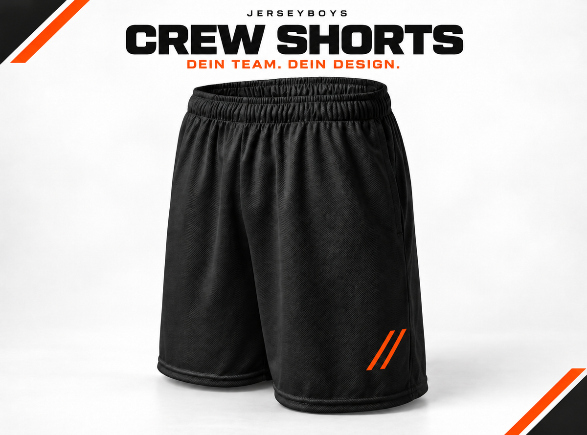 CREW SHORTS – gestaltetes JERSEYBOYS-Hauptmotiv in Schwarz und Orange.
