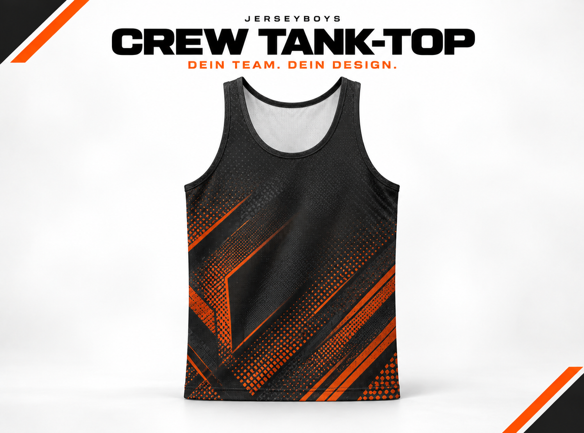CREW TANK-TOP – gestaltetes JERSEYBOYS-Hauptmotiv in Schwarz und Orange.
