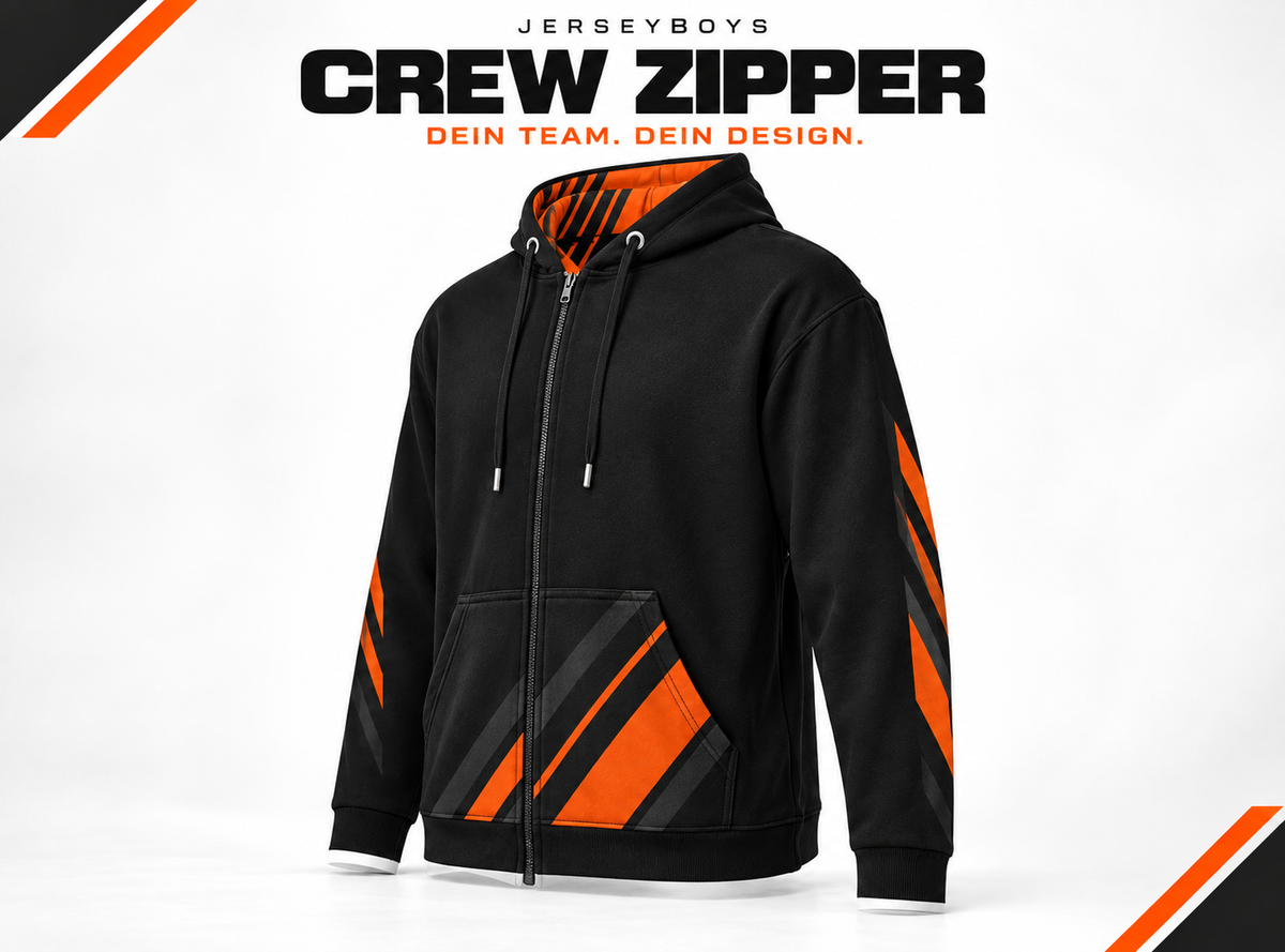 CREW ZIPPER – gestaltetes JERSEYBOYS-Hauptmotiv in Schwarz und Orange.