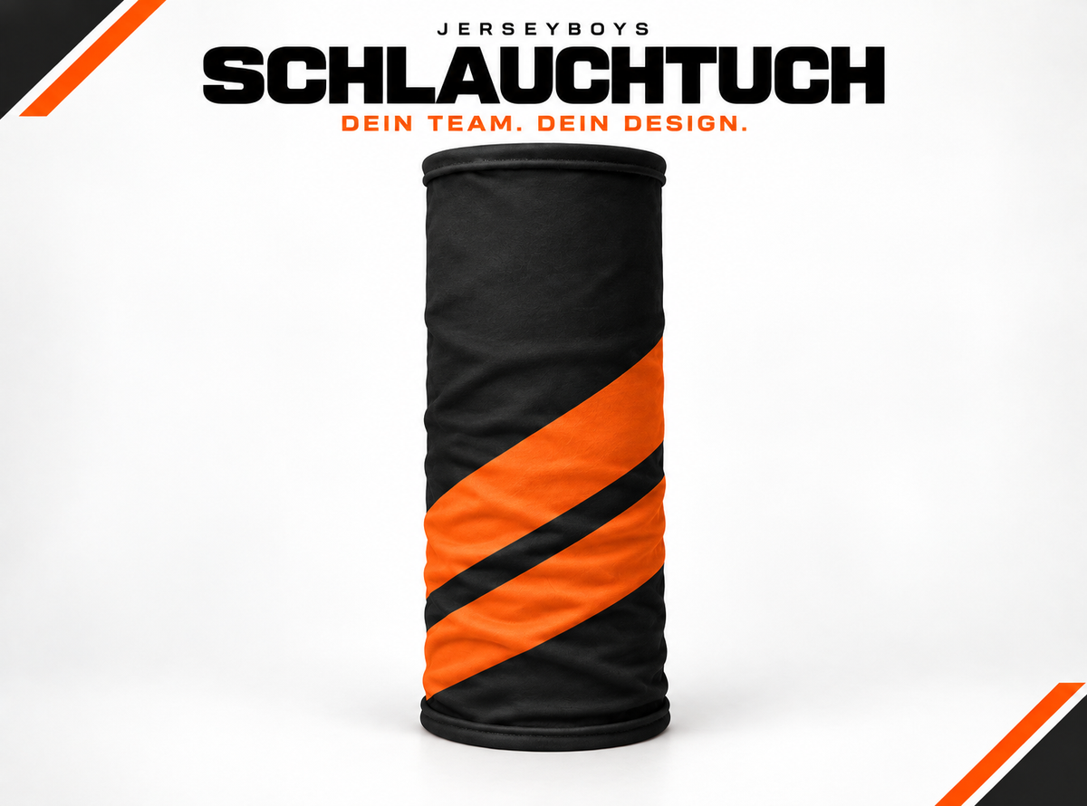 SCHLAUCHTUCH – gestaltetes JERSEYBOYS-Hauptmotiv in Schwarz und Orange.