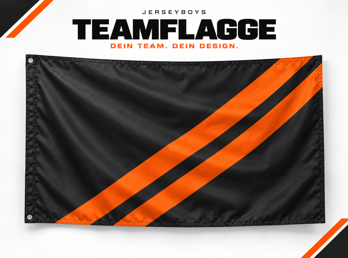 TEAMFLAGGE – gestaltetes JERSEYBOYS-Hauptmotiv in Schwarz und Orange.