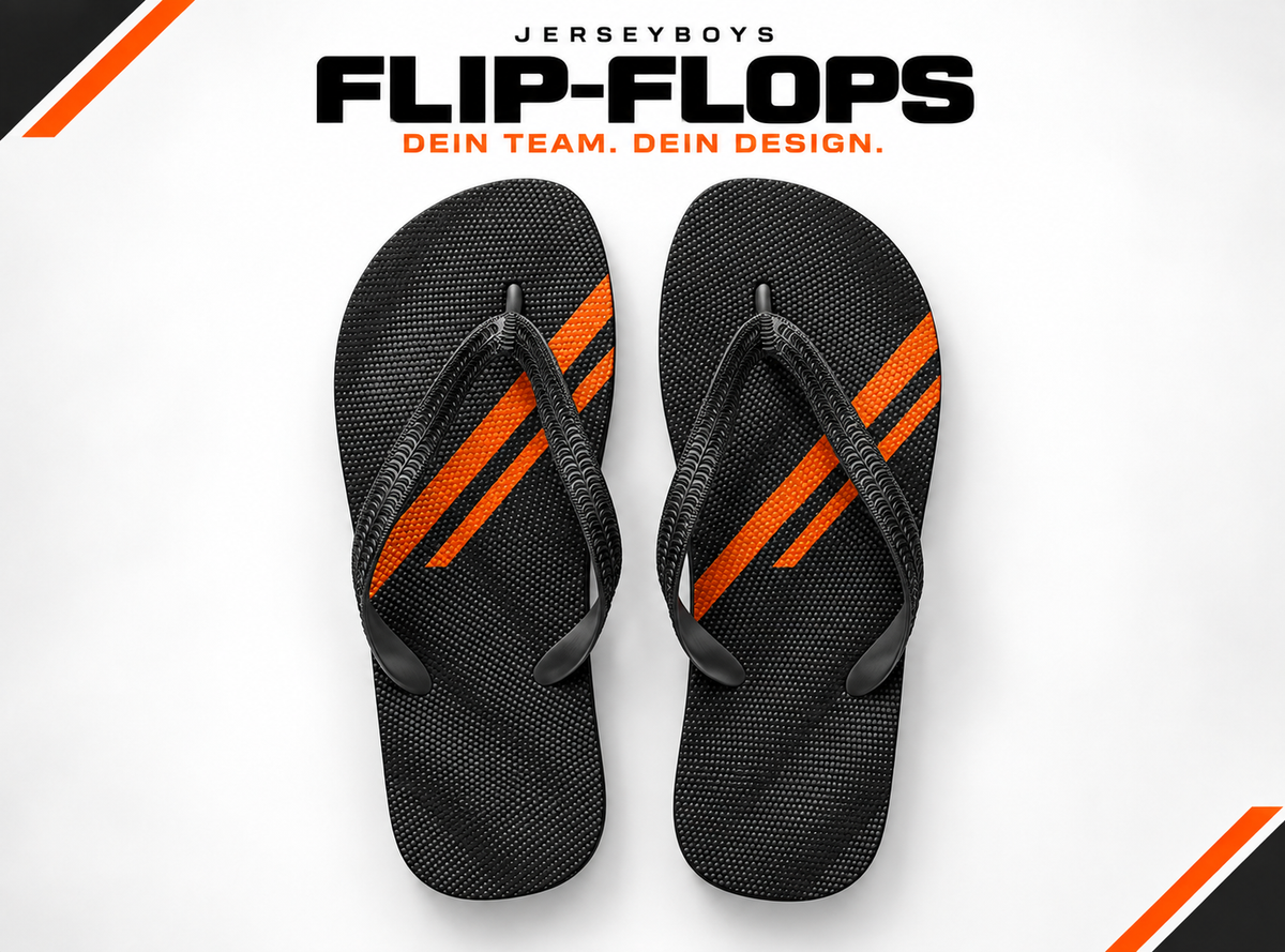 FLIP-FLOPS – gestaltetes JERSEYBOYS-Hauptmotiv in Schwarz und Orange.
