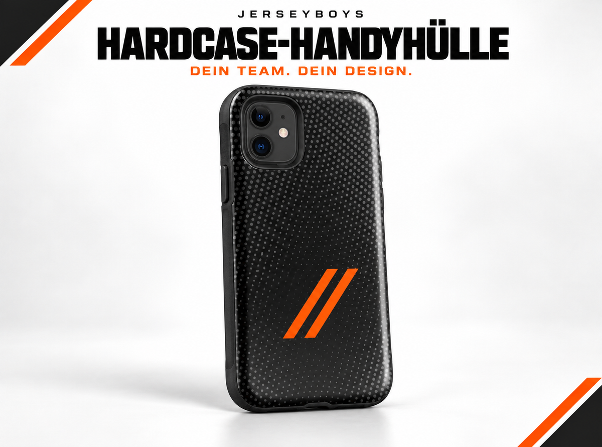 HARDCASE-HANDYHÜLLE – gestaltetes JERSEYBOYS-Hauptmotiv in Schwarz und Orange.