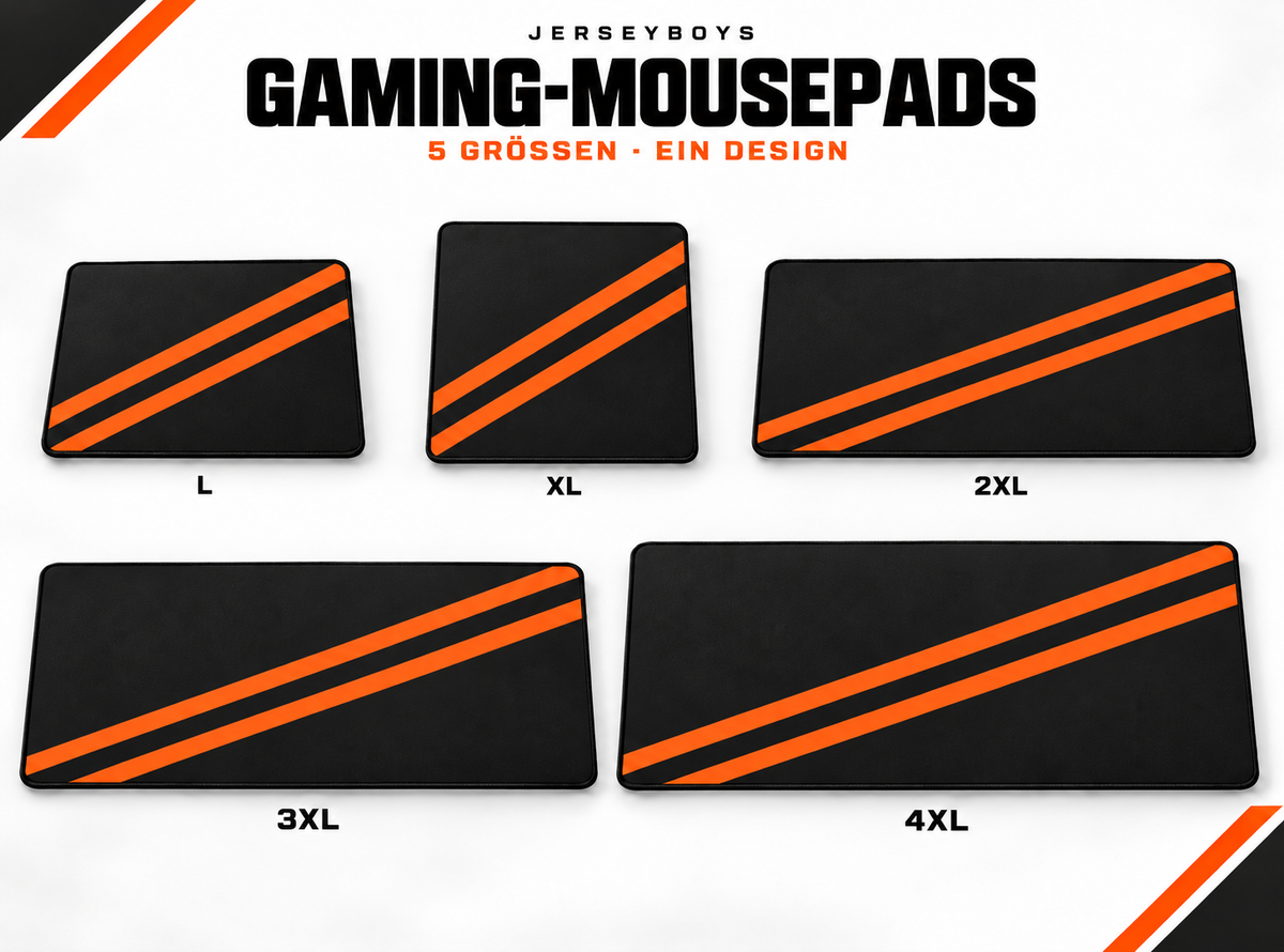 Gaming-Mousepads in fünf Größen: L, XL, 2XL, 3XL und 4XL – JERSEYBOYS-Übersicht in Schwarz und Orange.