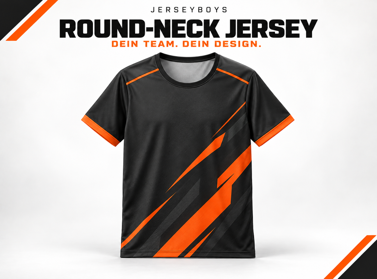 ROUND-NECK JERSEY – gestaltetes JERSEYBOYS-Hauptmotiv in Schwarz und Orange.