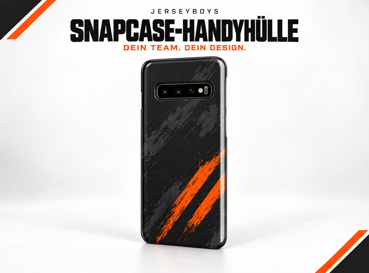 SNAPCASE-HANDYHÜLLE – gestaltetes JERSEYBOYS-Hauptmotiv in Schwarz und Orange.