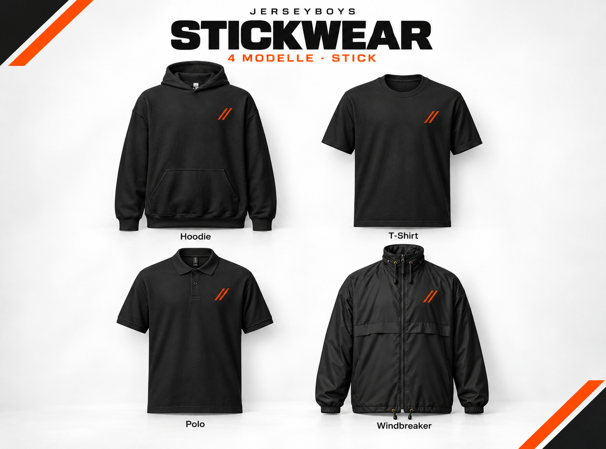 Stickwear – gestaltete Übersicht mit Hoodie, T-Shirt, Polo und Windbreaker.