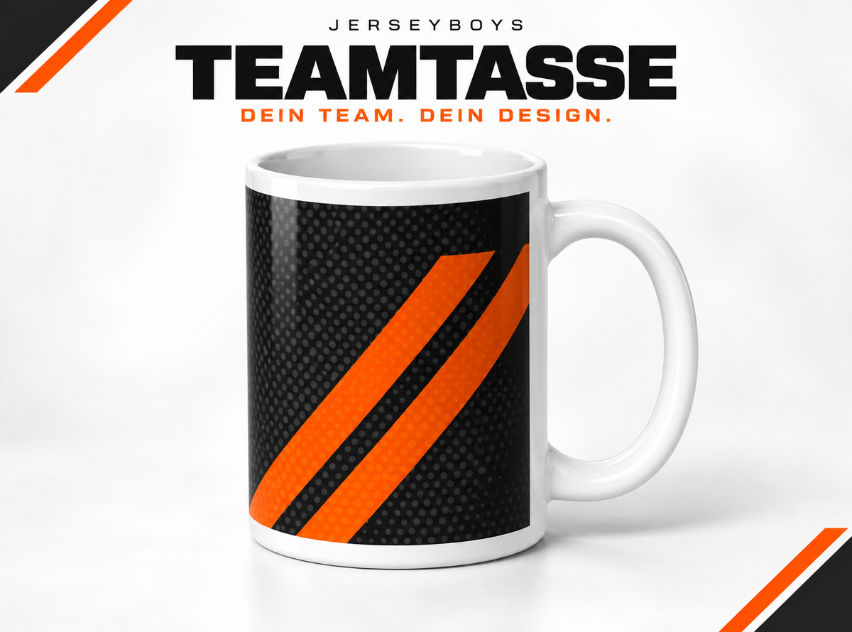 TEAMTASSE – gestaltetes JERSEYBOYS-Hauptmotiv in Schwarz und Orange.