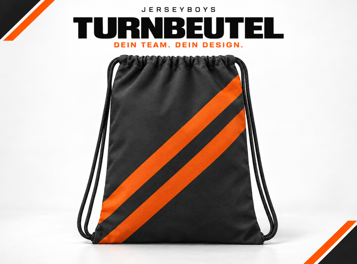 TURNBEUTEL – gestaltetes JERSEYBOYS-Hauptmotiv in Schwarz und Orange.