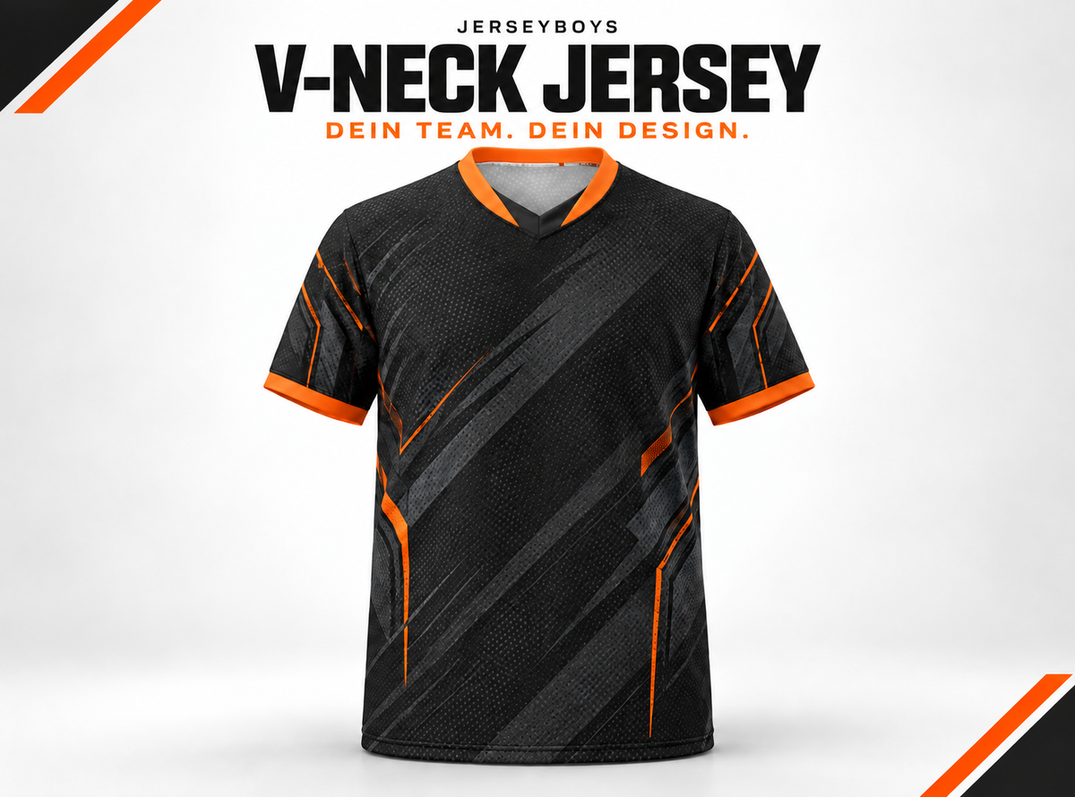 V-Neck Jersey – gestaltetes JERSEYBOYS-Hauptmotiv in Schwarz und Orange.