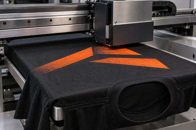Illustrative image: a printhead applies an orange design directly to a black T-shirt.