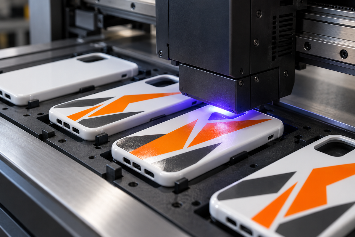 Illustrative image: a UV flatbed printer applies orange designs to white phone cases.