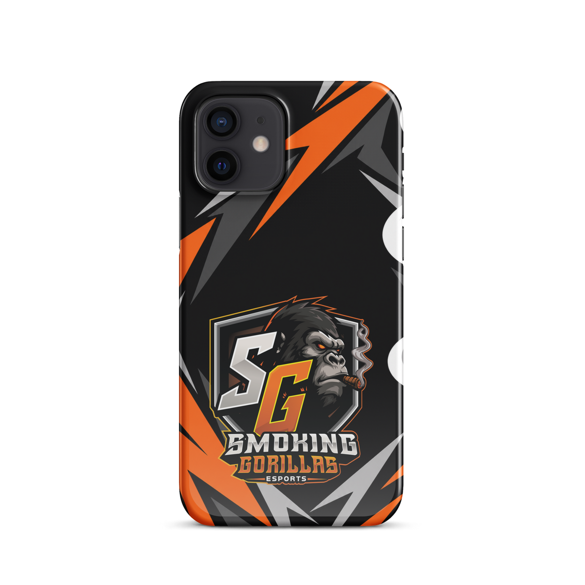 SMOKING GORILLAS Snapcase Handyhülle für iPhone 12 – Produktansicht, schwarz-oranges Teamdesign