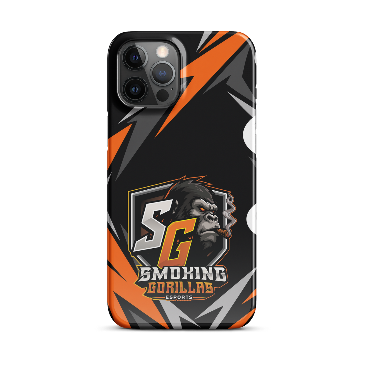 SMOKING GORILLAS Snapcase Handyhülle für iPhone 12 Pro Max – Produktansicht, schwarz-oranges Teamdesign