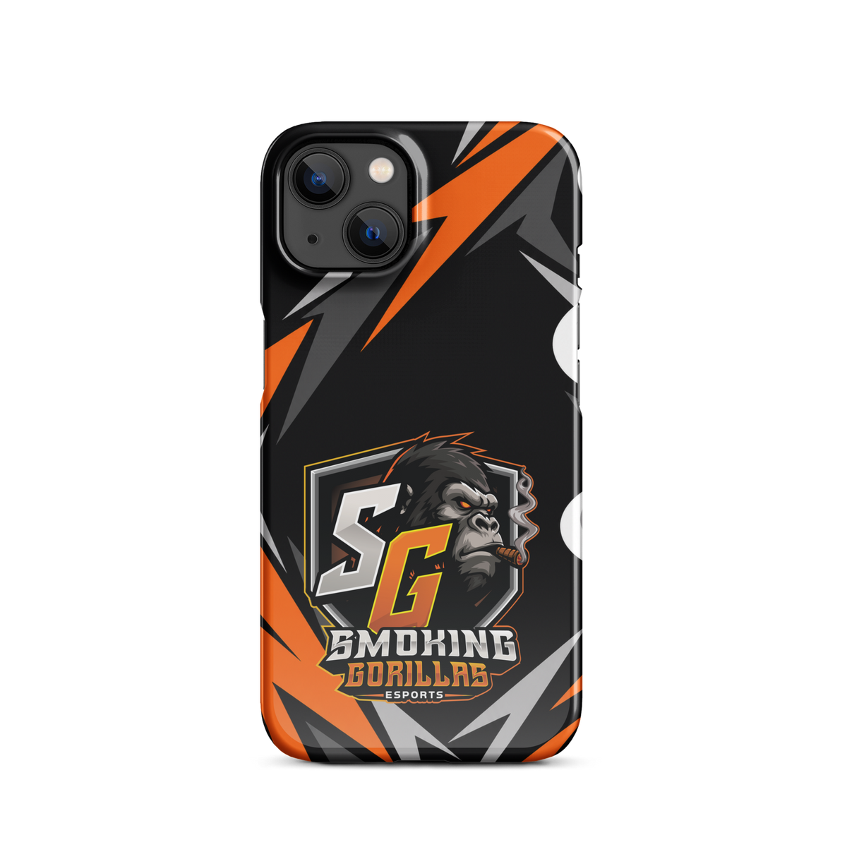 SMOKING GORILLAS Snapcase Handyhülle für iPhone 13 – Produktansicht, schwarz-oranges Teamdesign