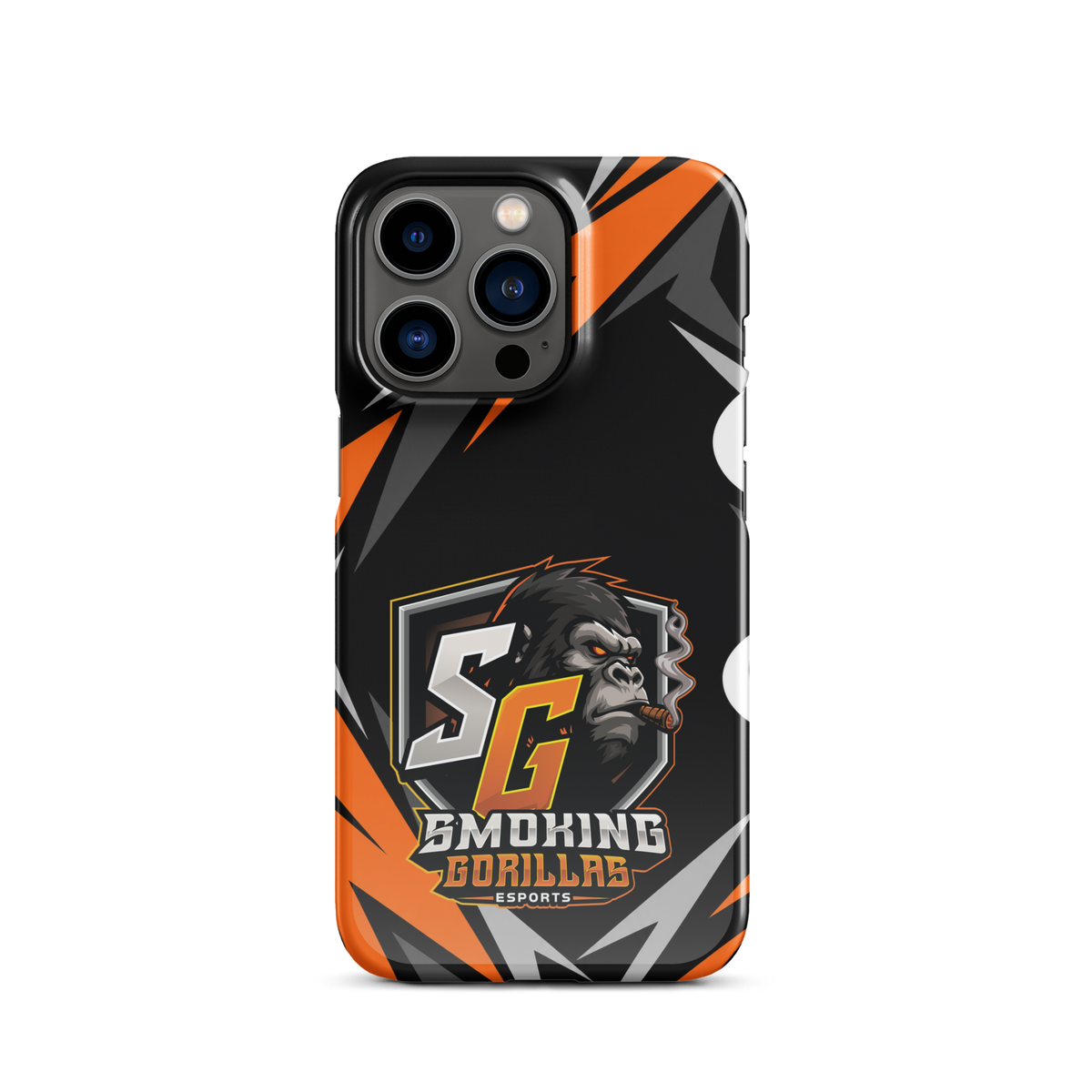 SMOKING GORILLAS Snapcase Handyhülle für iPhone 13 Pro – Produktansicht, schwarz-oranges Teamdesign