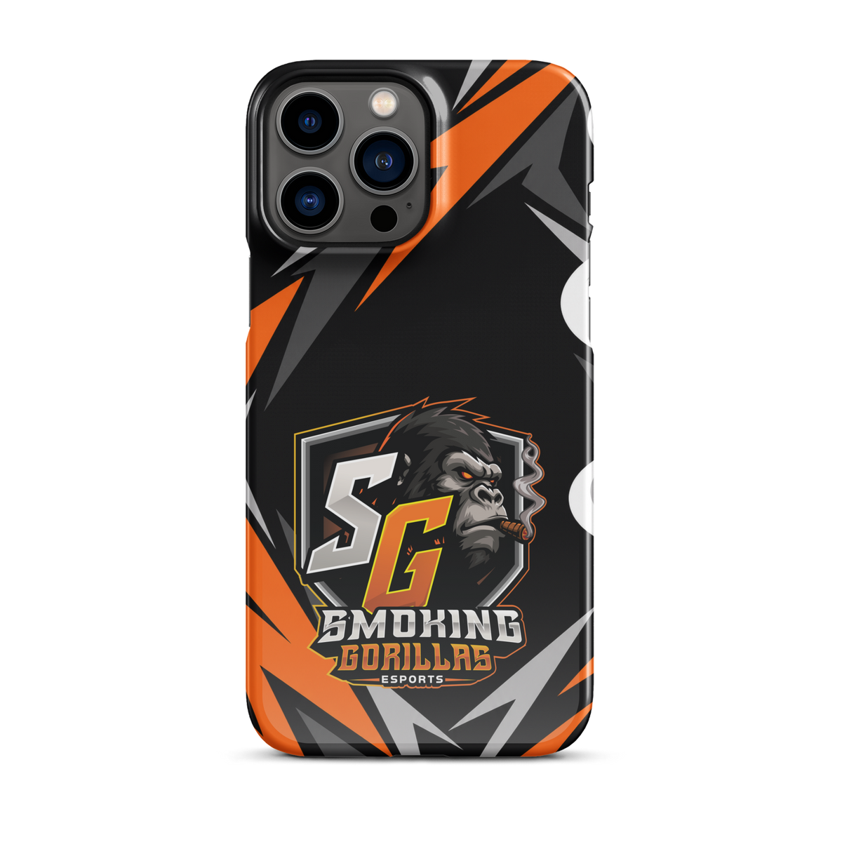 SMOKING GORILLAS Snapcase Handyhülle für iPhone 13 Pro Max – Produktansicht, schwarz-oranges Teamdesign