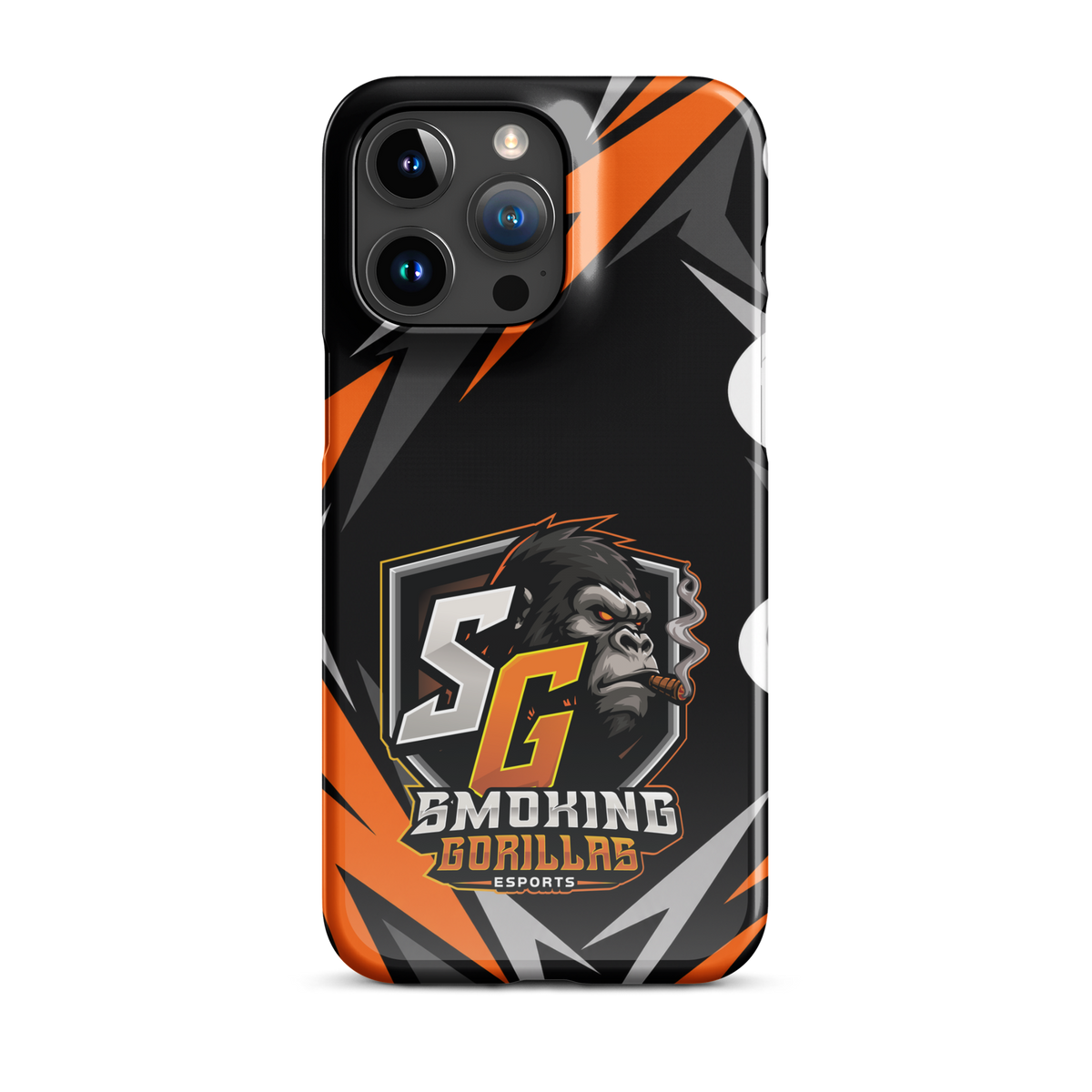 SMOKING GORILLAS Snapcase Handyhülle für iPhone 15 Pro Max – Produktansicht, schwarz-oranges Teamdesign