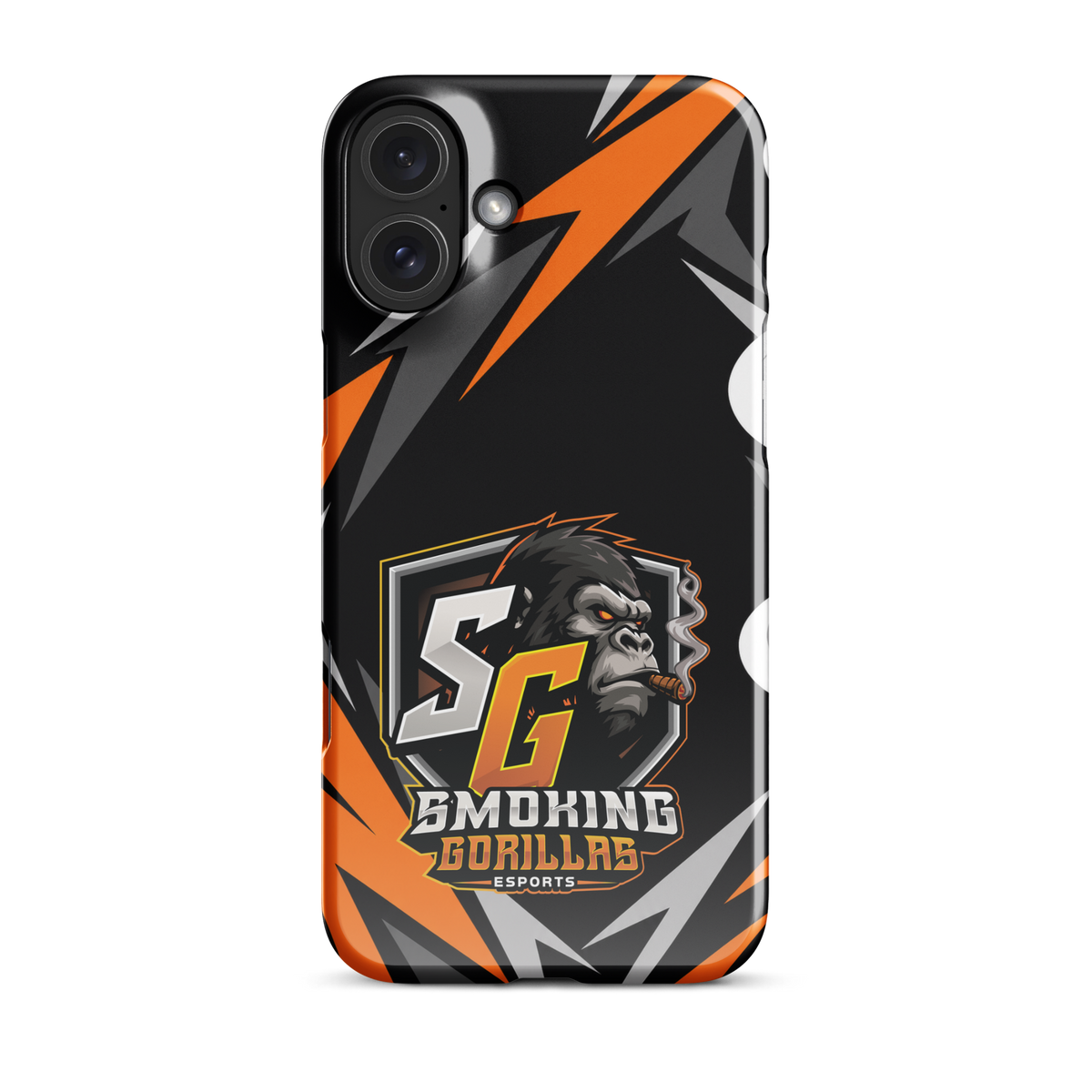 SMOKING GORILLAS Snapcase Handyhülle für iPhone 16 Plus – Produktansicht, schwarz-oranges Teamdesign