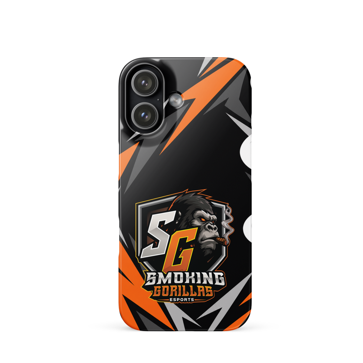 SMOKING GORILLAS Snapcase Handyhülle für iPhone 17 – Produktansicht, schwarz-oranges Teamdesign