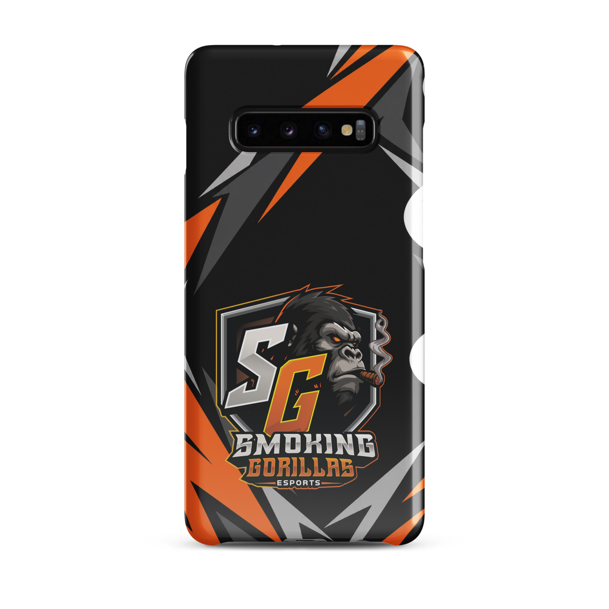 SMOKING GORILLAS Snapcase Handyhülle für Samsung Galaxy S10 Plus – Produktansicht, schwarz-oranges Teamdesign