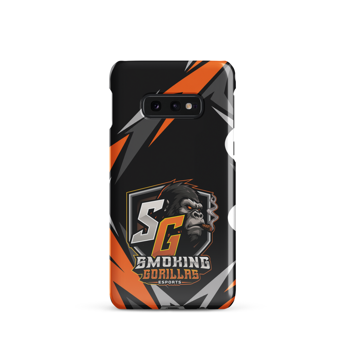 SMOKING GORILLAS Snapcase Handyhülle für Samsung Galaxy S10e – Produktansicht, schwarz-oranges Teamdesign