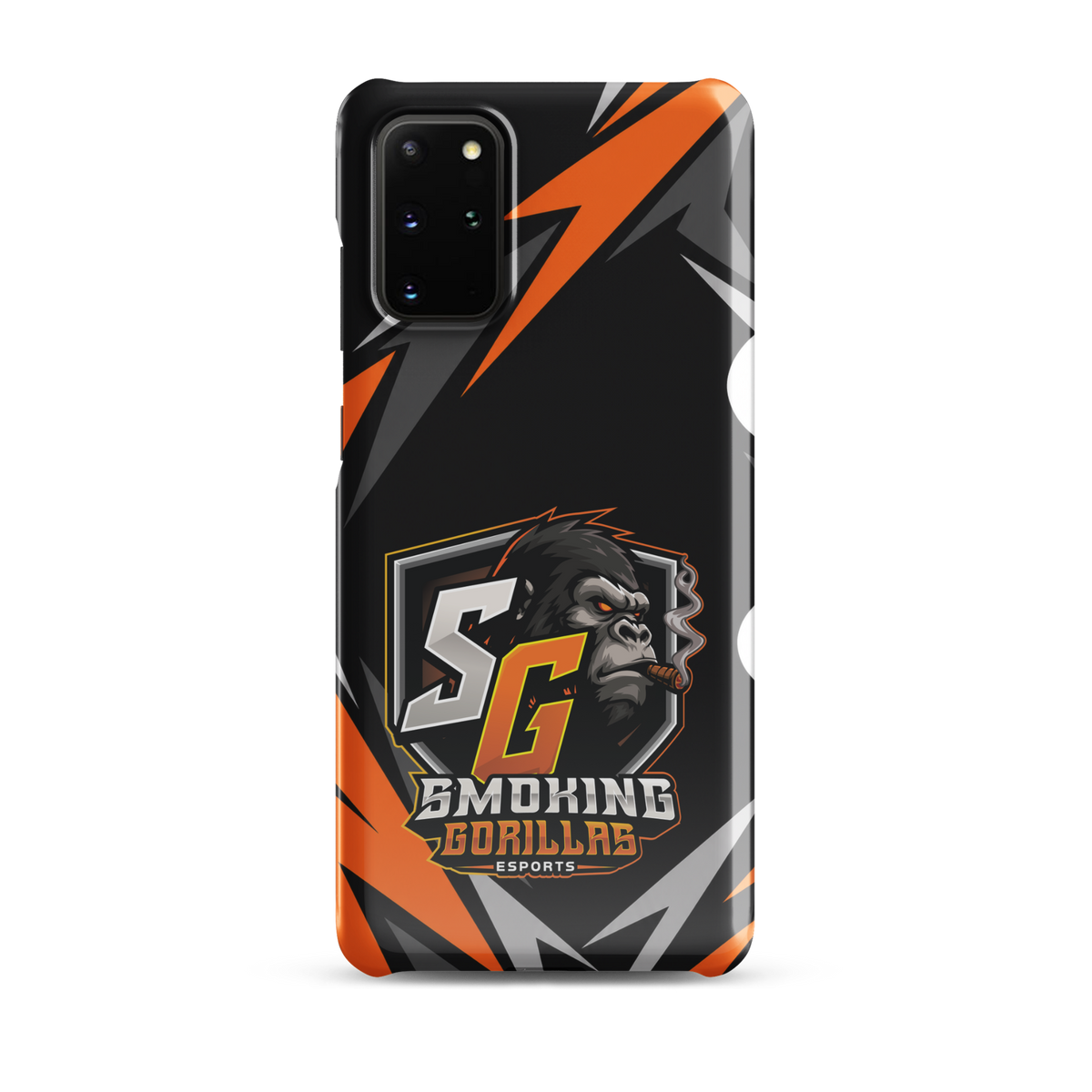 SMOKING GORILLAS Snapcase Handyhülle für Samsung Galaxy S20 Plus – Produktansicht, schwarz-oranges Teamdesign