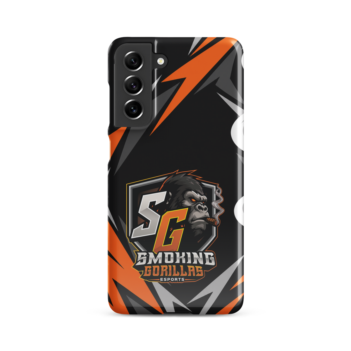 SMOKING GORILLAS Snapcase Handyhülle für Samsung Galaxy S21 FE – Produktansicht, schwarz-oranges Teamdesign