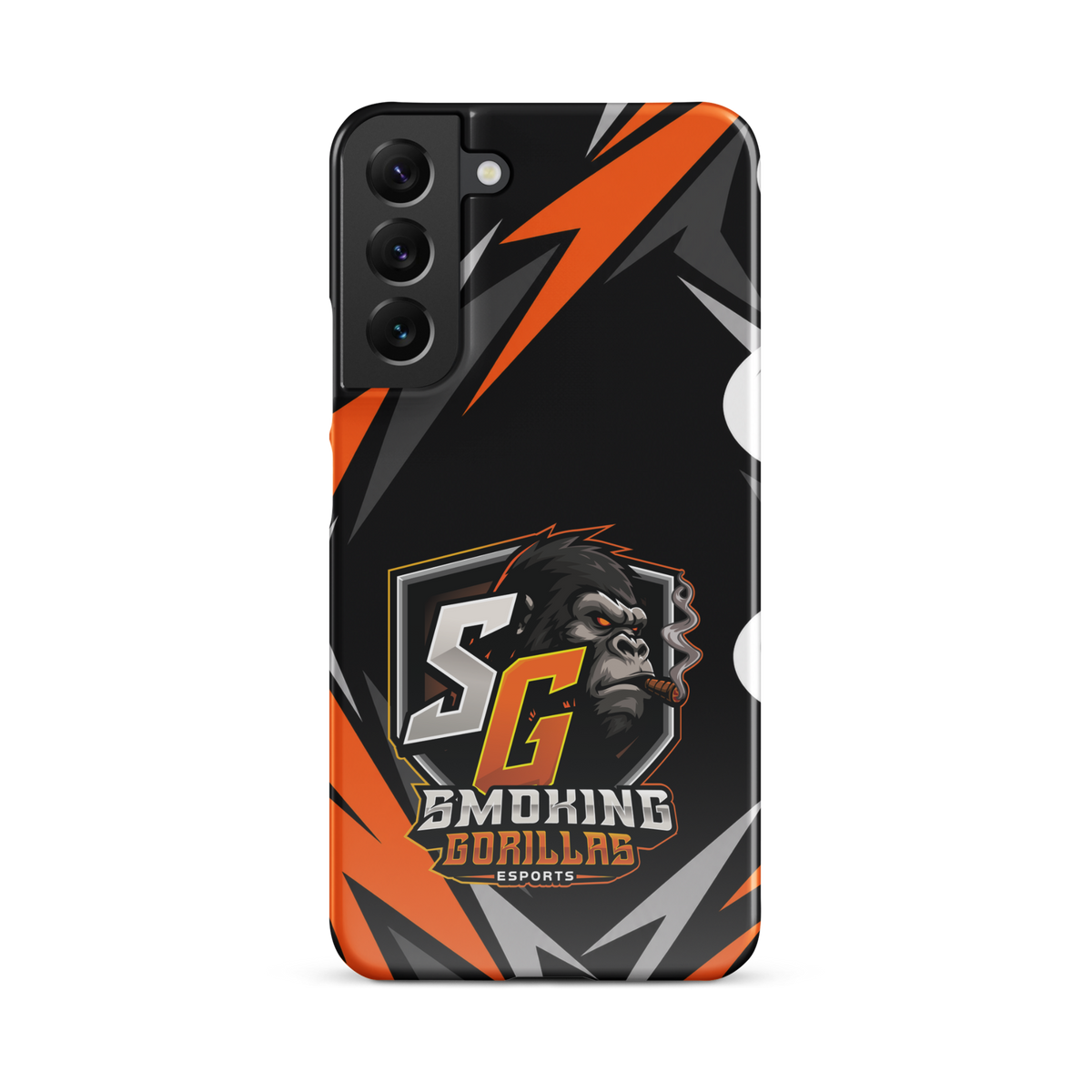 SMOKING GORILLAS Snapcase Handyhülle für Samsung Galaxy S22 Plus – Produktansicht, schwarz-oranges Teamdesign