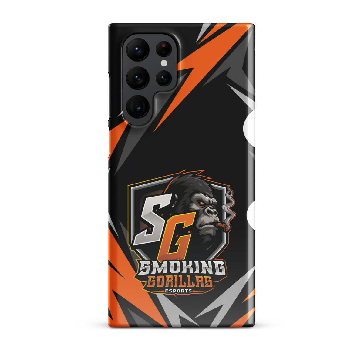 SMOKING GORILLAS Snapcase Handyhülle für Samsung Galaxy S22 Ultra – Produktansicht, schwarz-oranges Teamdesign