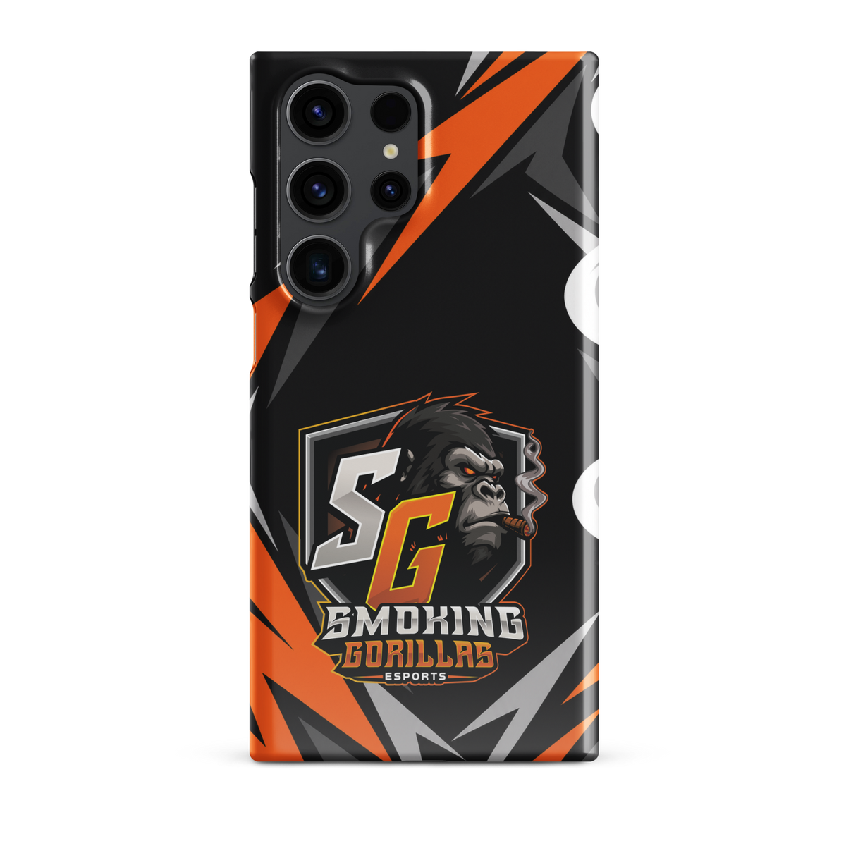 SMOKING GORILLAS Snapcase Handyhülle für Samsung Galaxy S23 Ultra – Produktansicht, schwarz-oranges Teamdesign