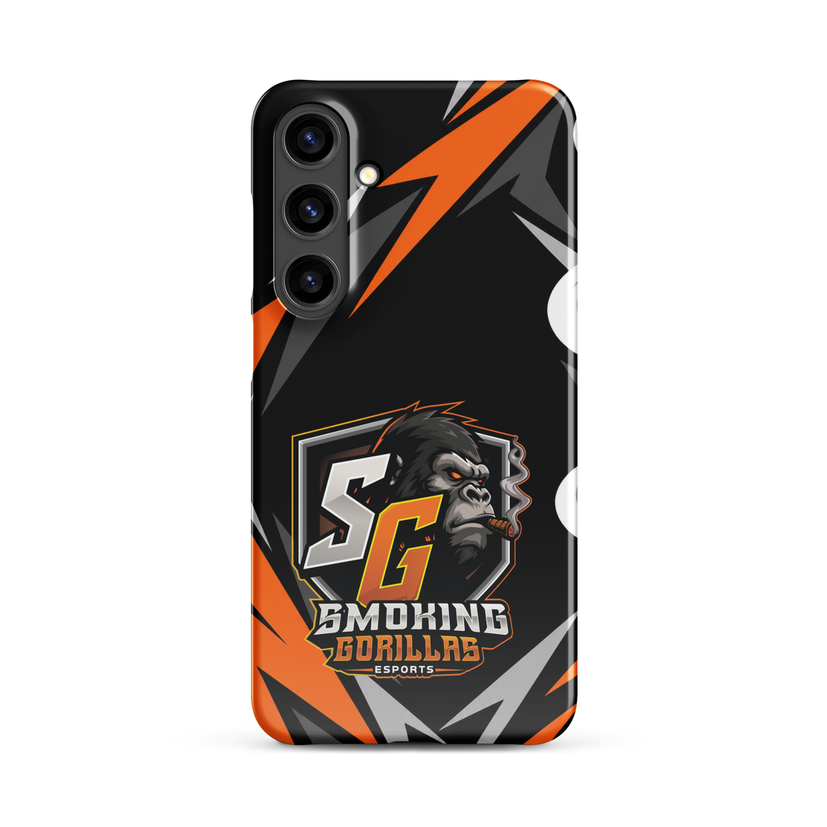 SMOKING GORILLAS Snapcase Handyhülle für Samsung Galaxy S24 Plus – Produktansicht, schwarz-oranges Teamdesign