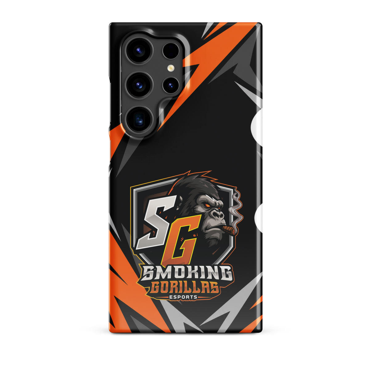 SMOKING GORILLAS Snapcase Handyhülle für Samsung Galaxy S24 Ultra – Produktansicht, schwarz-oranges Teamdesign
