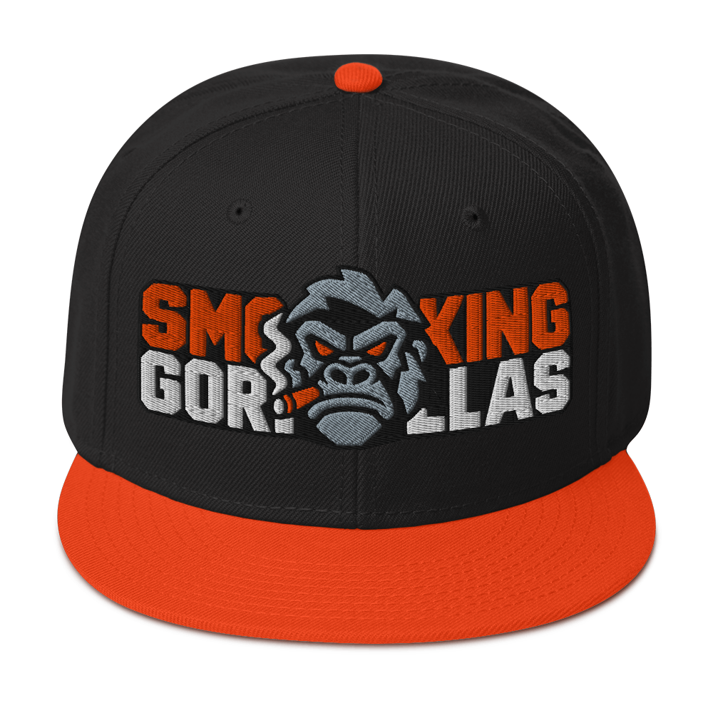 SMOKING GORILLAS - Snapback Cap in Schwarz/Orange – Vorderansicht mit gesticktem Teamlogo