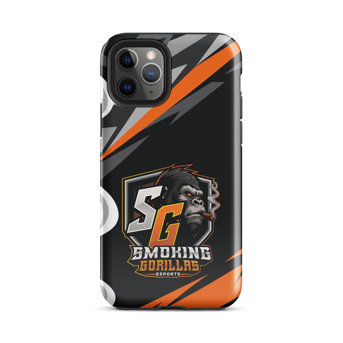 SMOKING GORILLAS Hardcase Handyhülle für iPhone 11 Pro – Produktansicht, schwarz-oranges Teamdesign