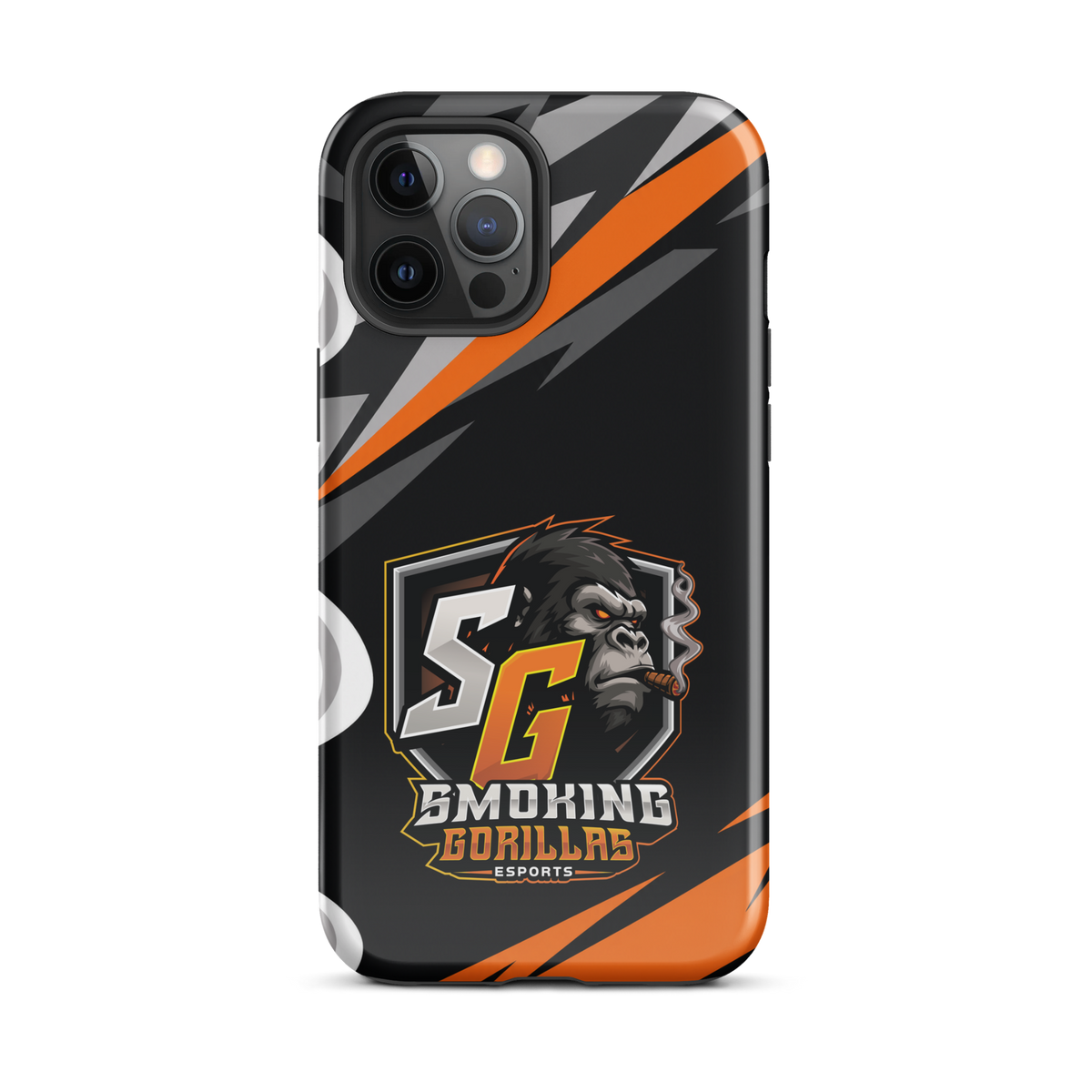 SMOKING GORILLAS Hardcase Handyhülle für iPhone 12 Pro Max – Produktansicht, schwarz-oranges Teamdesign