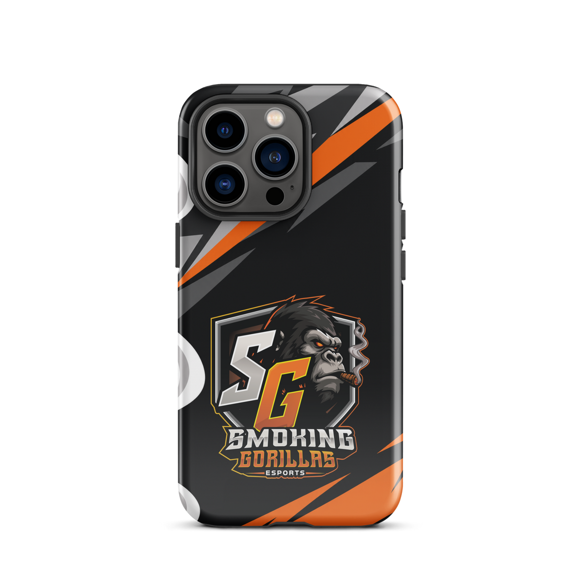 SMOKING GORILLAS Hardcase Handyhülle für iPhone 13 Pro – Produktansicht, schwarz-oranges Teamdesign
