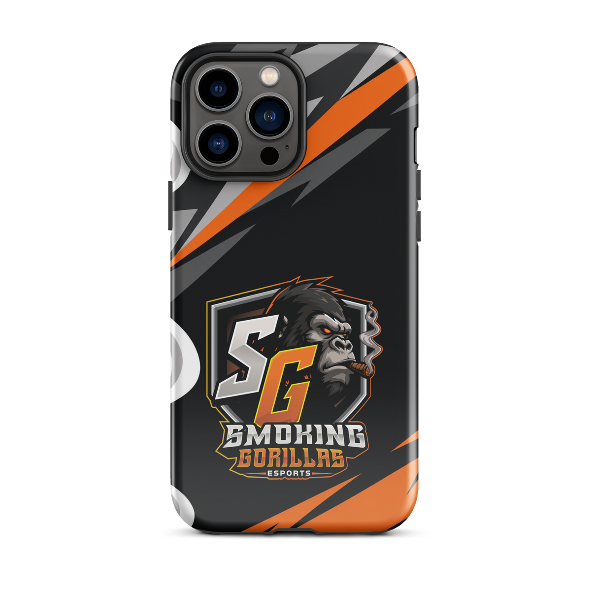 SMOKING GORILLAS Hardcase Handyhülle für iPhone 13 Pro Max – Produktansicht, schwarz-oranges Teamdesign