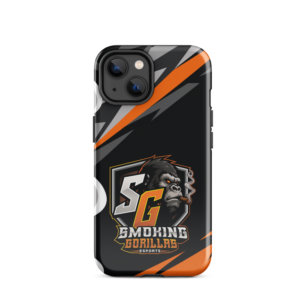 SMOKING GORILLAS Hardcase Handyhülle für iPhone 14 – Produktansicht, schwarz-oranges Teamdesign