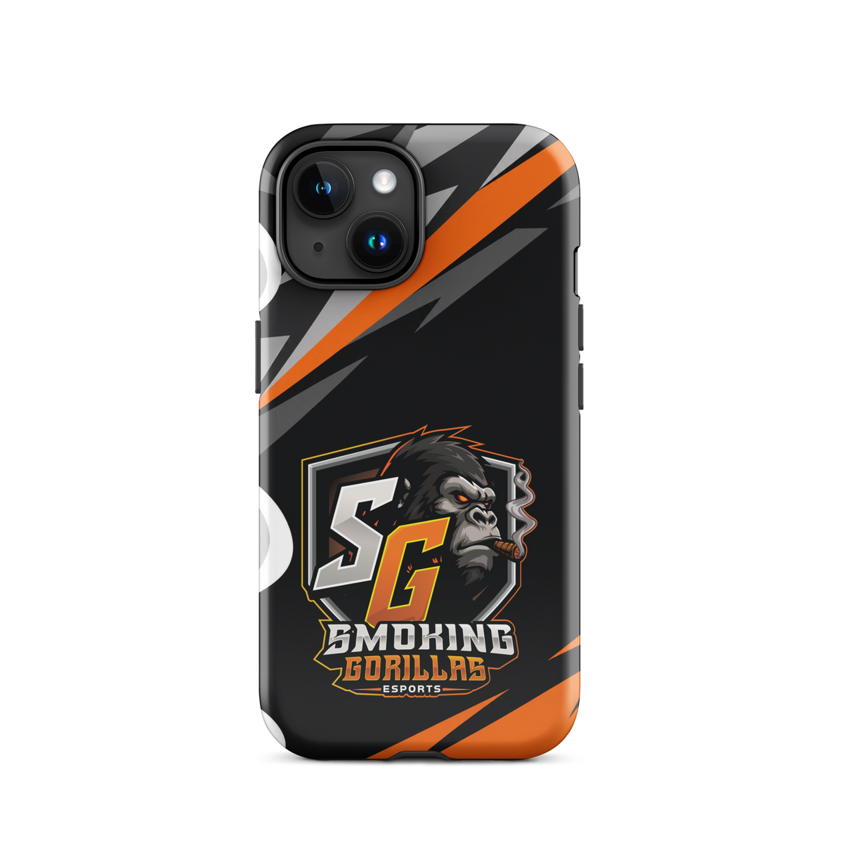 SMOKING GORILLAS Hardcase Handyhülle für iPhone 15 – Produktansicht, schwarz-oranges Teamdesign