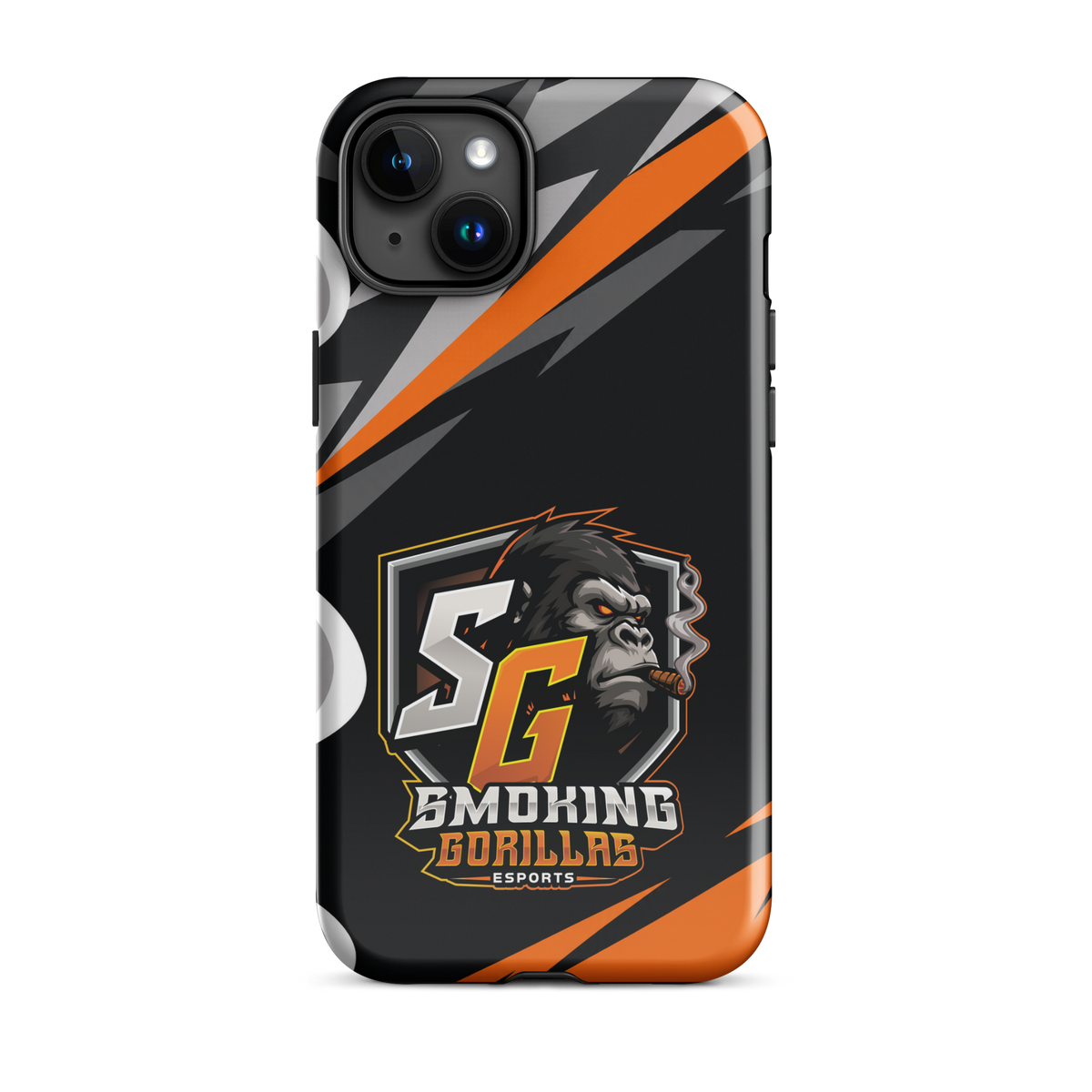 SMOKING GORILLAS Hardcase Handyhülle für iPhone 15 Plus – Produktansicht, schwarz-oranges Teamdesign