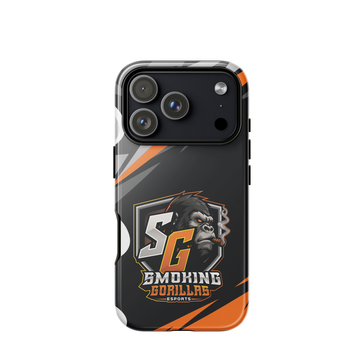 SMOKING GORILLAS Hardcase Handyhülle für iPhone 17 Pro – Produktansicht, schwarz-oranges Teamdesign