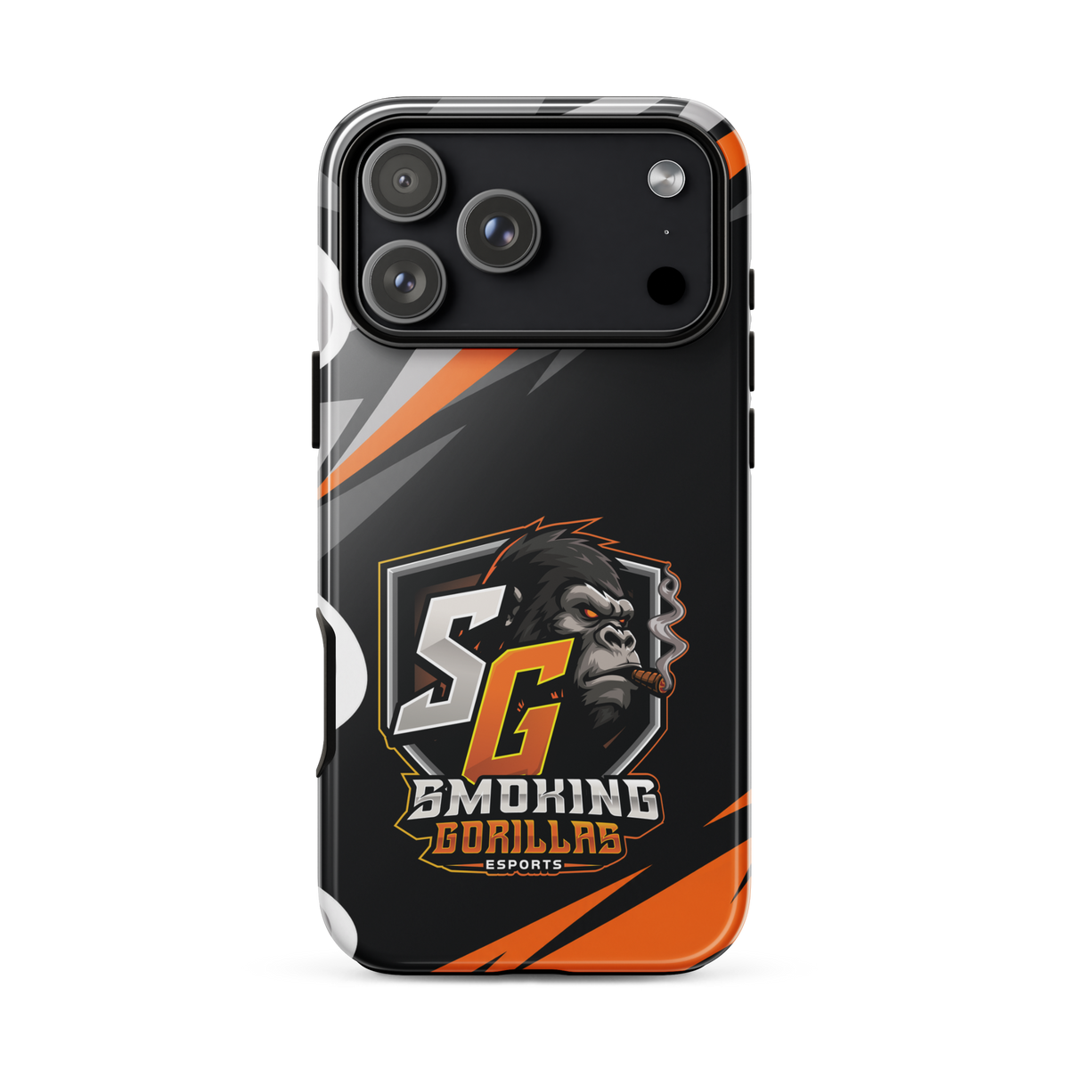 SMOKING GORILLAS Hardcase Handyhülle für iPhone 17 Pro Max – Produktansicht, schwarz-oranges Teamdesign